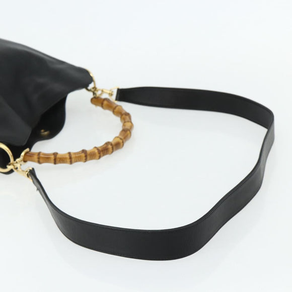 GUCCI Bamboo Shoulder Bag Leather 2way Black Gold 001 1705 1638 Auth 180041