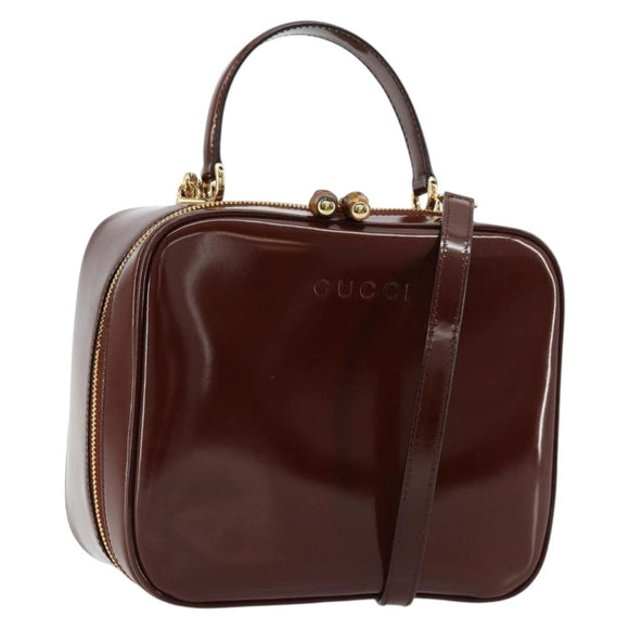 GUCCI Bamboo Vanity Hand Bag Patent leather 2way Brown Gold Auth 180051
