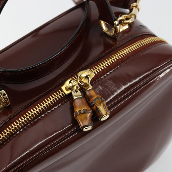 GUCCI Bamboo Vanity Hand Bag Patent leather 2way Brown Gold Auth 180051