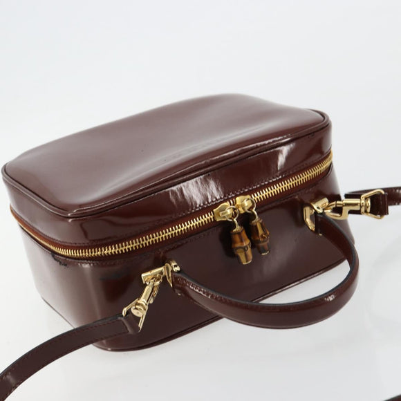 GUCCI Bamboo Vanity Hand Bag Patent leather 2way Brown Gold Auth 180051