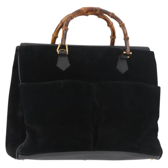 GUCCI Bamboo Tragetasche Wildleder Schwarz Gold Auth 180053