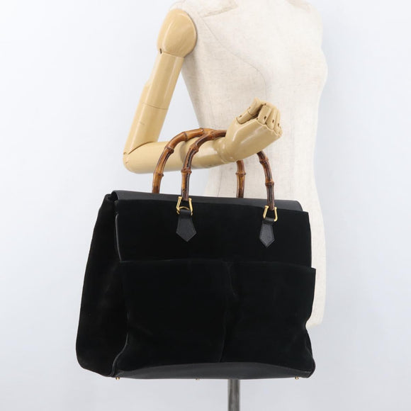 GUCCI Bamboo Tragetasche Wildleder Schwarz Gold Auth 180053