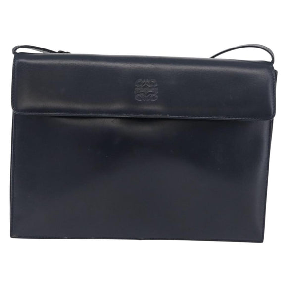 LOEWE Anagram Shoulder Bag Leather Navy Gold Auth 180071