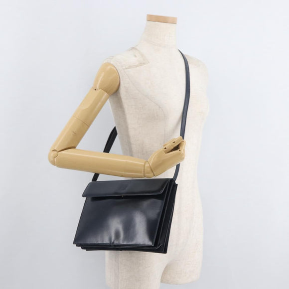 LOEWE Anagram Shoulder Bag Leather Navy Gold Auth 180071