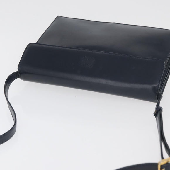 LOEWE Anagram Shoulder Bag Leather Navy Gold Auth 180071