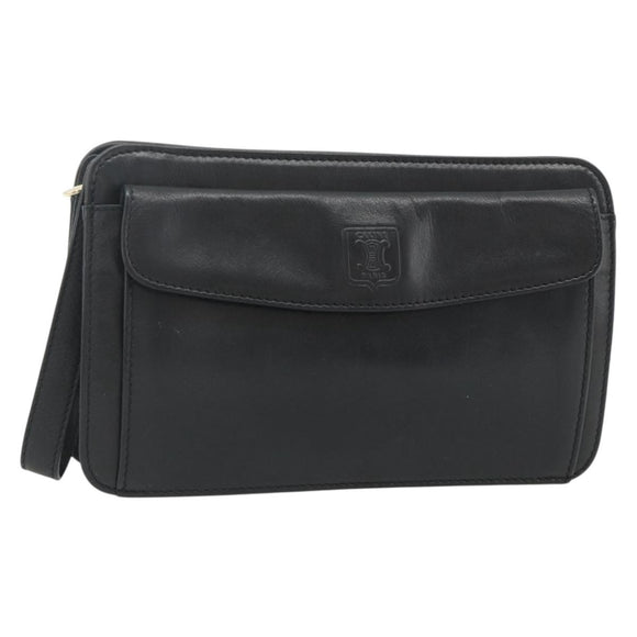 CELINE Clutch Bag Leather Black Gold Auth 180072