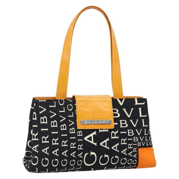 BVLGARI Logo Mania Handtasche Canvas Schwarz Silber Auth 180087