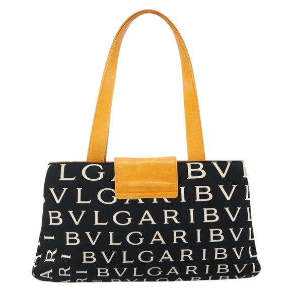BVLGARI Logo Mania Handtasche Canvas Schwarz Silber Auth 180087