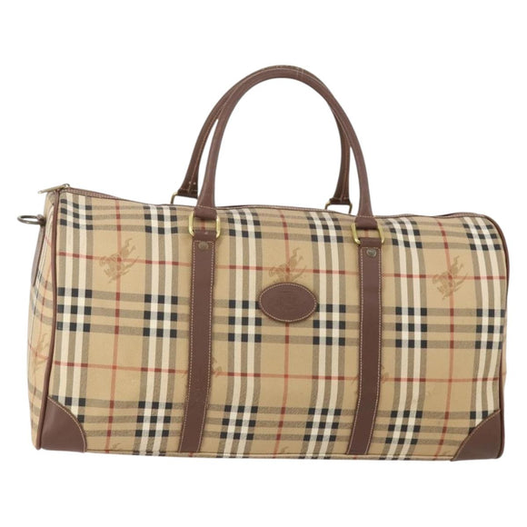 Burberrys Nova Check Boston Bag PVC Leather Beige Gold Auth 180095