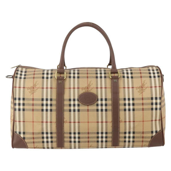 Burberrys Nova Check Boston Bag PVC Leather Beige Gold Auth 180095