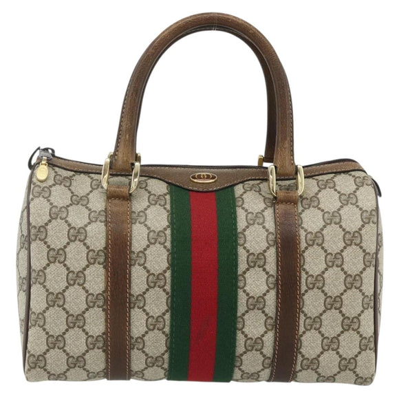 GUCCI GG Supreme Web Sherry Line Hand Bag PVC Beige Gold Red Auth 180100