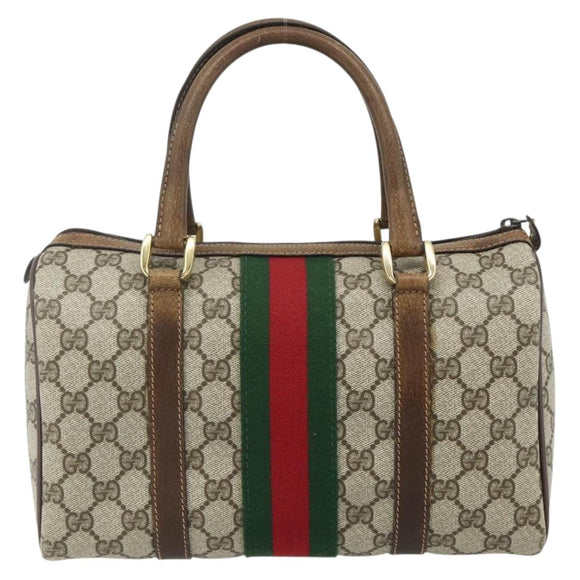 GUCCI GG Supreme Web Sherry Line Hand Bag PVC Beige Gold Red Auth 180100