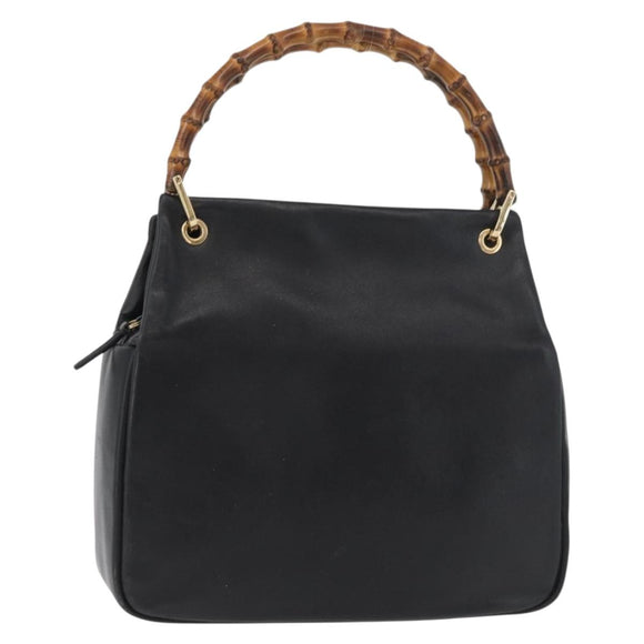 GUCCI Bamboo Hand Bag Leather Black Gold Auth 180124