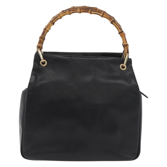 GUCCI Bamboo Hand Bag Leather Black Gold Auth 180124