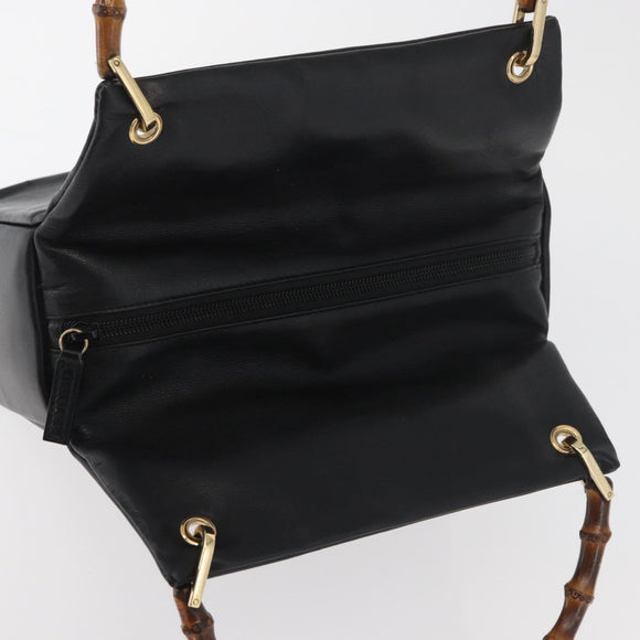 GUCCI Bamboo Hand Bag Leather Black Gold Auth 180124