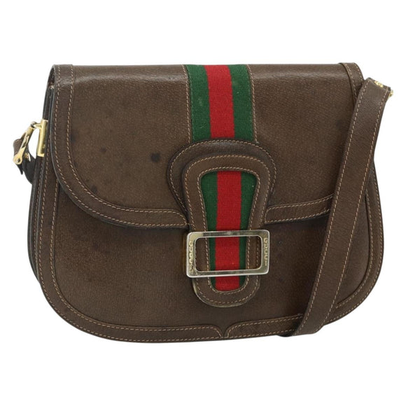 GUCCI Web Sherry Line Shoulder Bag Leather Brown Gold Red Auth 180133