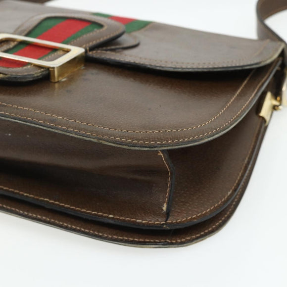 GUCCI Web Sherry Line Shoulder Bag Leather Brown Gold Red Auth 180133