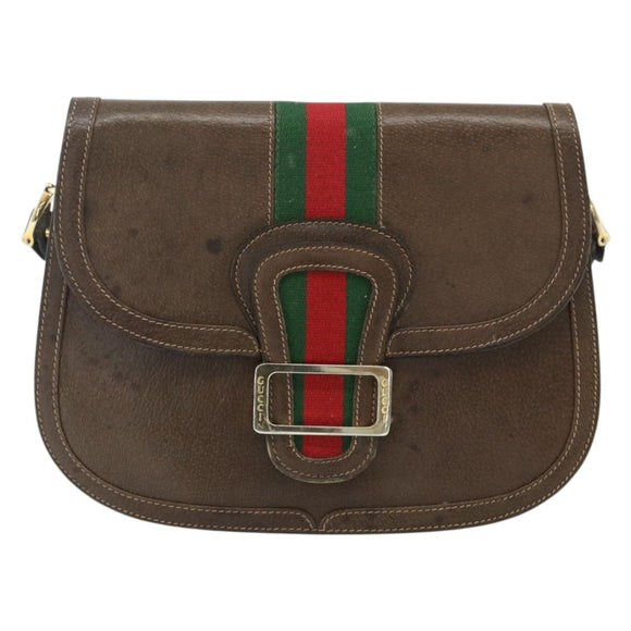 GUCCI Web Sherry Line Shoulder Bag Leather Brown Gold Red Auth 180133