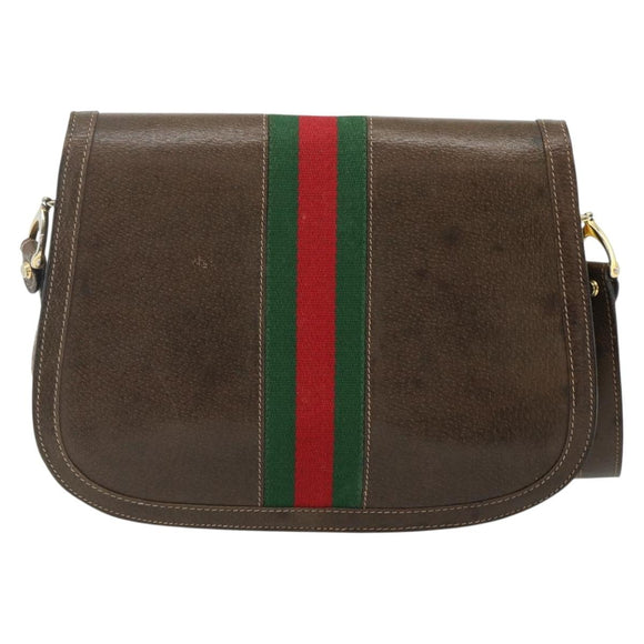 GUCCI Web Sherry Line Shoulder Bag Leather Brown Gold Red Auth 180133