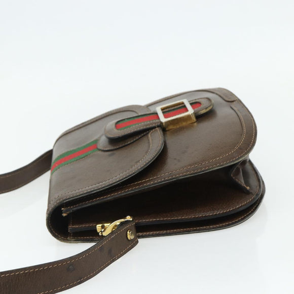GUCCI Web Sherry Line Shoulder Bag Leather Brown Gold Red Auth 180133