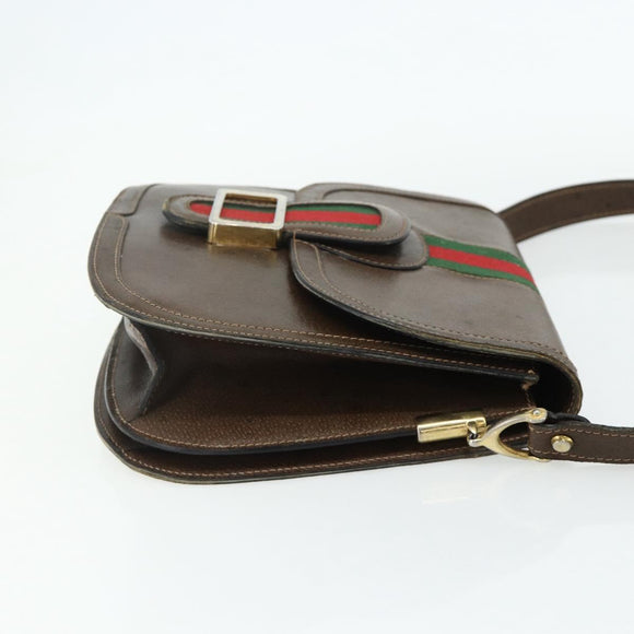 GUCCI Web Sherry Line Shoulder Bag Leather Brown Gold Red Auth 180133