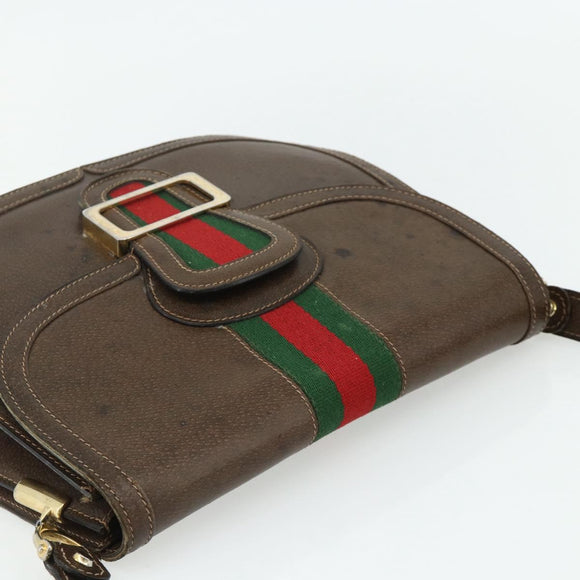 GUCCI Web Sherry Line Shoulder Bag Leather Brown Gold Red Auth 180133