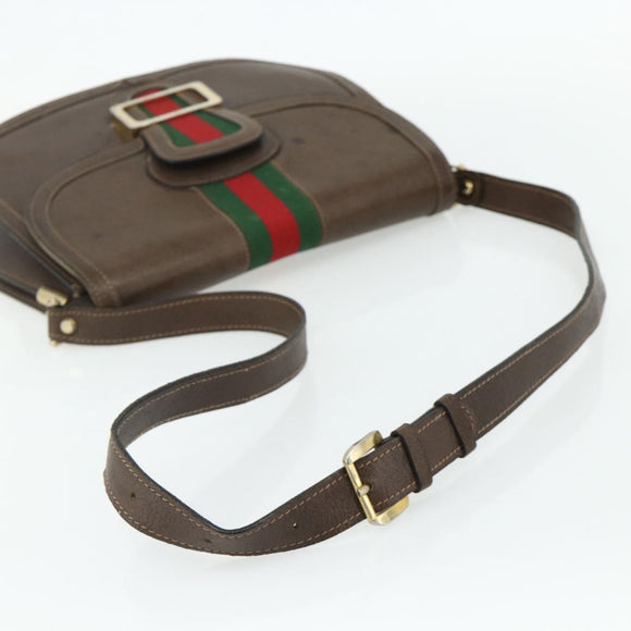 GUCCI Web Sherry Line Shoulder Bag Leather Brown Gold Red Auth 180133