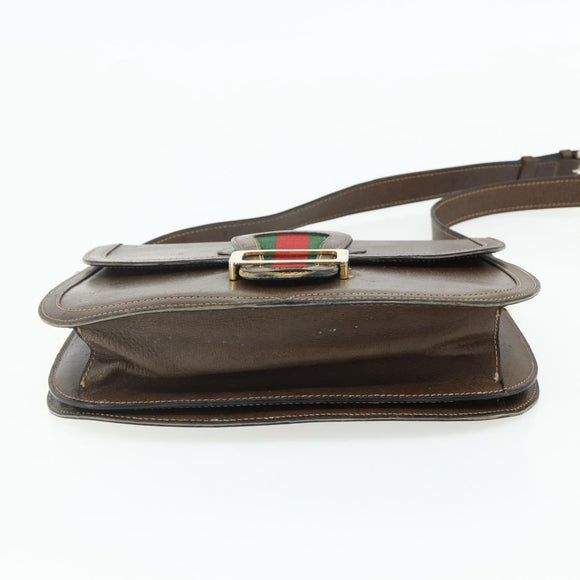 GUCCI Web Sherry Line Shoulder Bag Leather Brown Gold Red Auth 180133