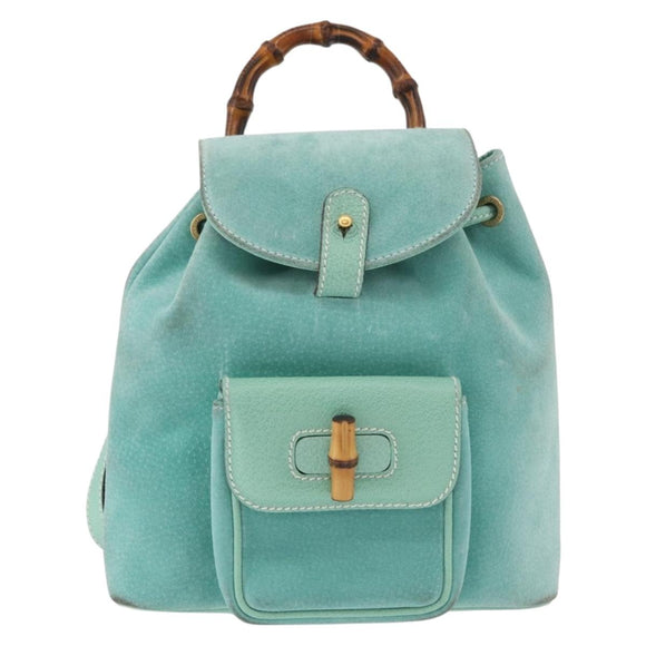 GUCCI Bamboo Backpack Suede Light Blue Gold 003 1998 0030 Auth 180137A