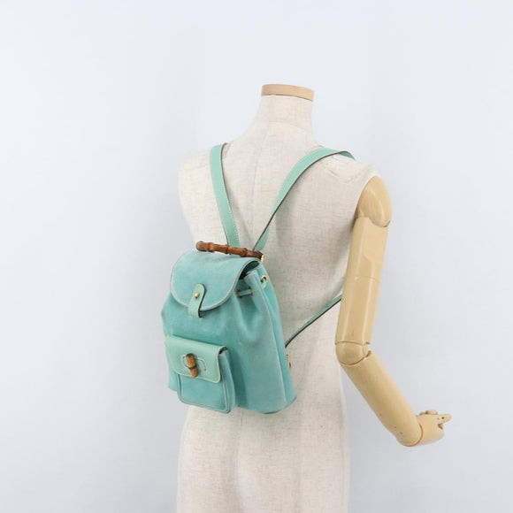 GUCCI Bamboo Backpack Suede Light Blue Gold 003 1998 0030 Auth 180137A