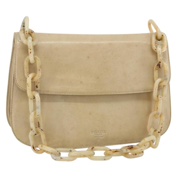 PRADA Chain Shoulder Bag Leather Beige Silver Auth 180139