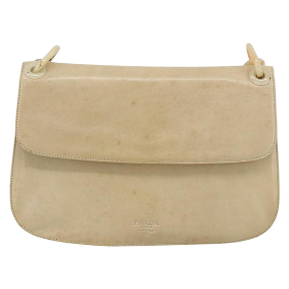 PRADA Chain Shoulder Bag Leather Beige Silver Auth 180139