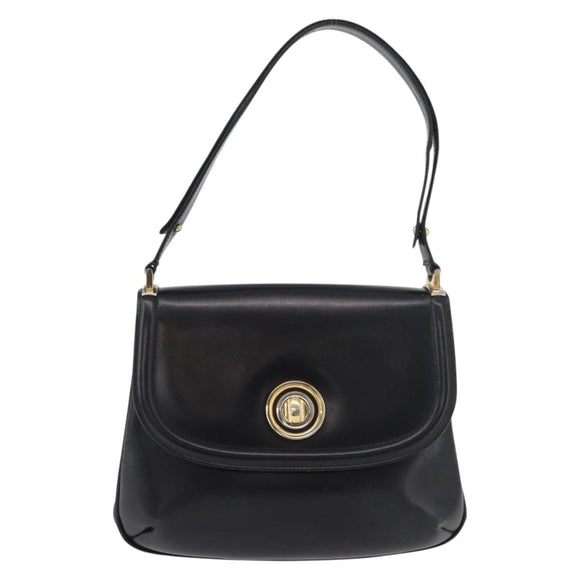 GUCCI Shoulder Bag Leather Black Gold Auth 180143