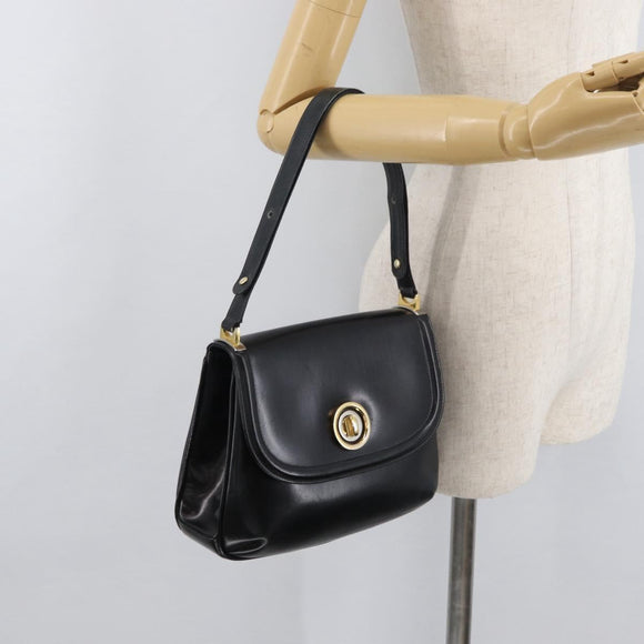 GUCCI Shoulder Bag Leather Black Gold Auth 180143