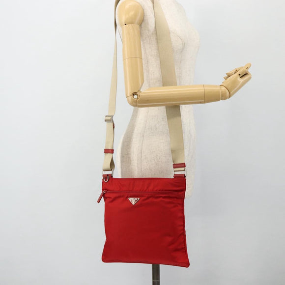 PRADA Shoulder Bag Nylon Red Silver Auth 180151A