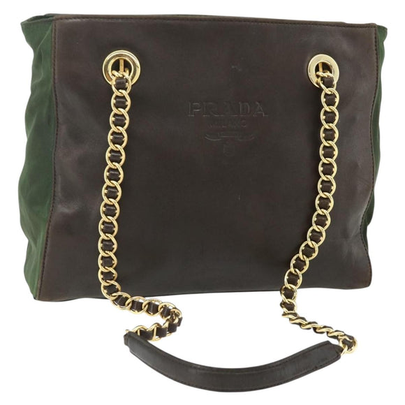 PRADA Chain Tote Bag Nylon Leather Green Gold Auth 180152