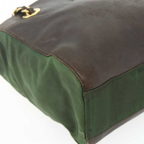 PRADA Chain Tote Bag Nylon Leather Green Gold Auth 180152