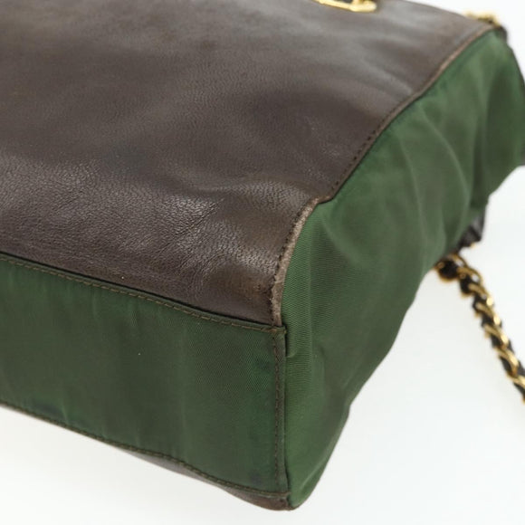 PRADA Chain Tote Bag Nylon Leather Green Gold Auth 180152