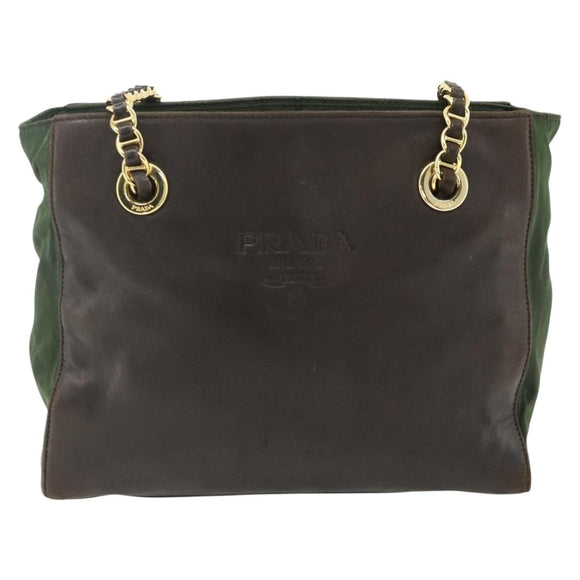 PRADA Chain Tote Bag Nylon Leather Green Gold Auth 180152