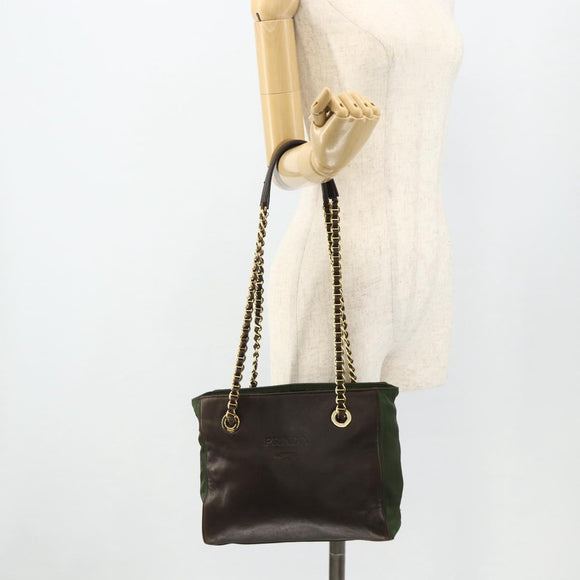 PRADA Chain Tote Bag Nylon Leather Green Gold Auth 180152