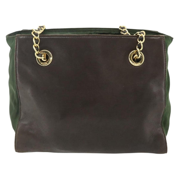 PRADA Chain Tote Bag Nylon Leather Green Gold Auth 180152
