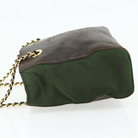 PRADA Chain Tote Bag Nylon Leather Green Gold Auth 180152