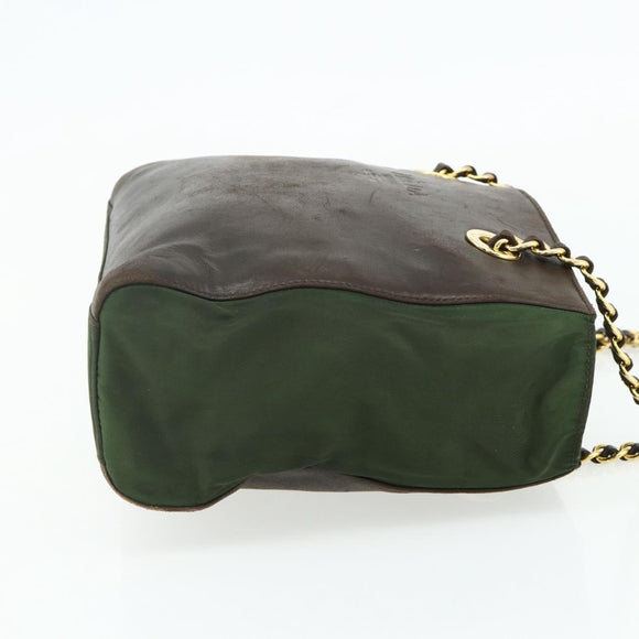 PRADA Chain Tote Bag Nylon Leather Green Gold Auth 180152