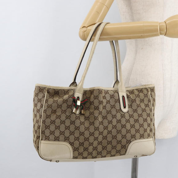 GUCCI GG Canvas Web Sherry Line Pretty Tote Bag Beige Gold 163805 Auth 180153