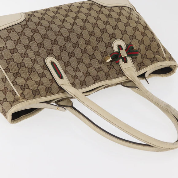 GUCCI GG Canvas Web Sherry Line Pretty Tote Bag Beige Gold 163805 Auth 180153