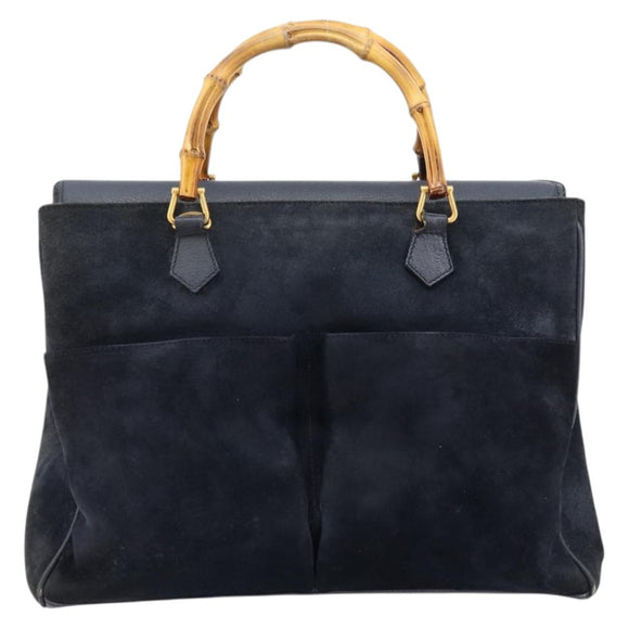 GUCCI Bamboo Tote Bag Suede Navy Gold 002 123 0322 Auth 180219