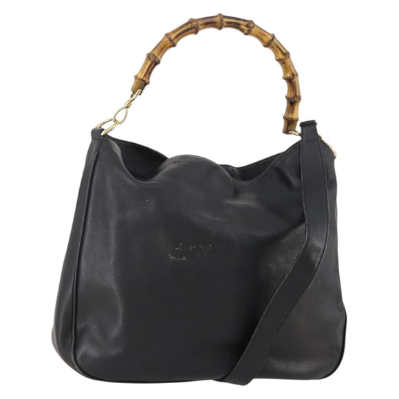 GUCCI Bamboo Schoudertas Leer 2-weg Zwart Goud 001 2852 1577 0 Auth 180222