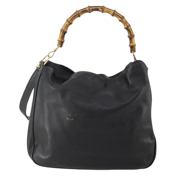GUCCI Bamboo Schoudertas Leer 2-weg Zwart Goud 001 2852 1577 0 Auth 180222