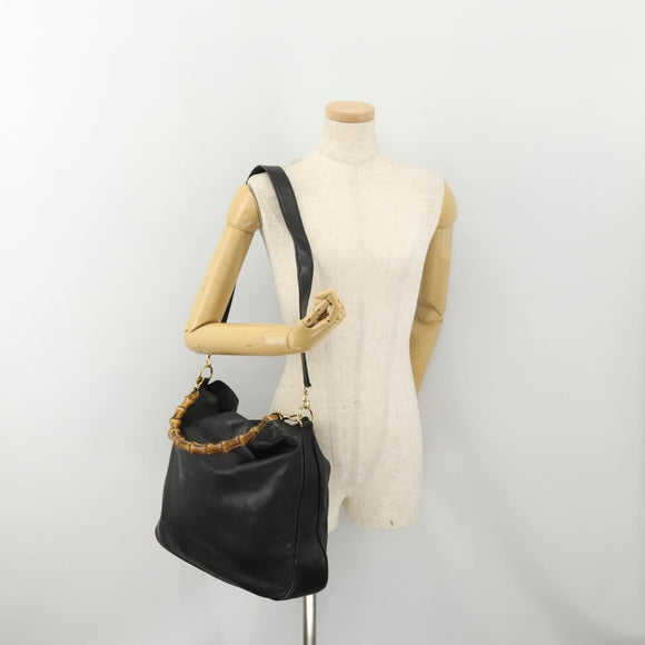 GUCCI Bamboo Schoudertas Leer 2-weg Zwart Goud 001 2852 1577 0 Auth 180222
