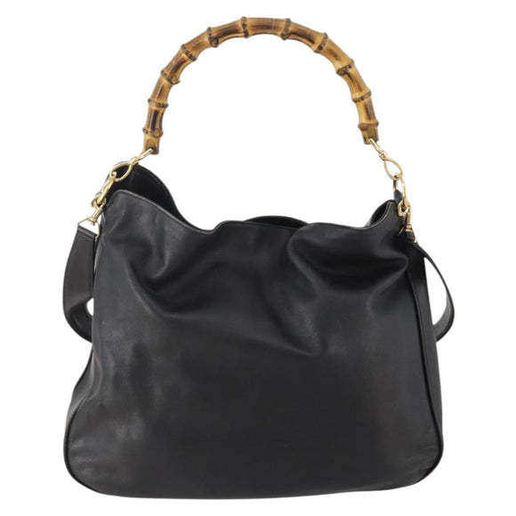 GUCCI Bamboo Schoudertas Leer 2-weg Zwart Goud 001 2852 1577 0 Auth 180222